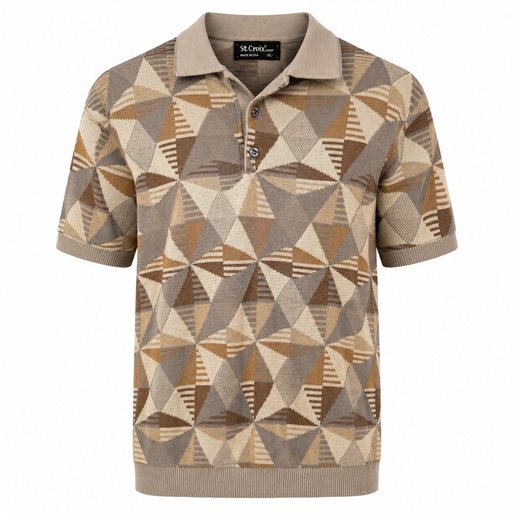 Vintage 90s St. Croix Polo Shirt Brown Geometric Triangle Knit Short Sleeve XL